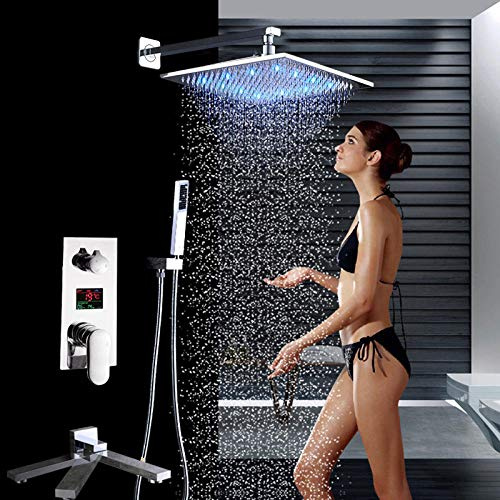 Wieoc Chrome LED 12 Rainfall Shower Faucet Chrome Digital Temperature Screen Bath Shower Mixer with Handshower Swivel Folding Spout