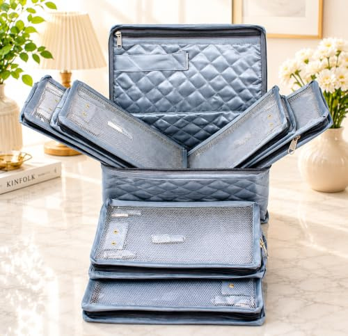 atorakushon Satin Makeup Jewellery Kit Organizer Locker Box Pouch for Necklaces Earring Ring Cosmetic Travel Storage Case for Women Girls Wedding Gift Grey