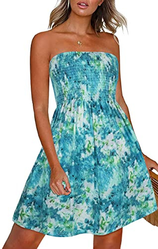 CHICGAL Strapless Summer Beach Dress - Flowing Bandeau Smocked Sundress (Blue Green Tie-dye, XL)
