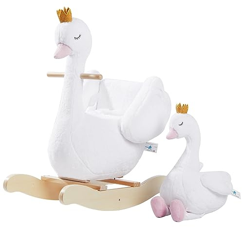 labebe Kids Rocking Horse White Swan with Little Plush Doll Toys, Stuffed Animal Wooden Rocker for Children 6 Months Boys and Girls/Nursery Christmas, Birthday Gift (Rocking Swan with Doll)