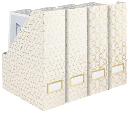 Magazine Holders White Magazine Holder - Set of 4 Gold Magazine Holders with Cream Woven Design Vintage Magazine Holder - Magazine File Holder Organizer Box - Book Bins Magazine File Box Office Décor