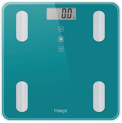 Haepi-Pèse personnes impédancemètre en verre-Analyse corporelle (masse grasse, masse osseuse, masse musculaire, masse hydrique)- IMC et Kcal- Design et précis- Piles incluses- Garantie 15 ans