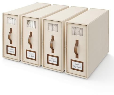 BigPonPon 4 Pack Foldable Bed Sheets Set Organizers and Storage(Cal King Size),Linen Fabric Closet Organizers with Window,Folding Bedding Storage Box for Bedsheets and Pillow Cube Organizer-Beige