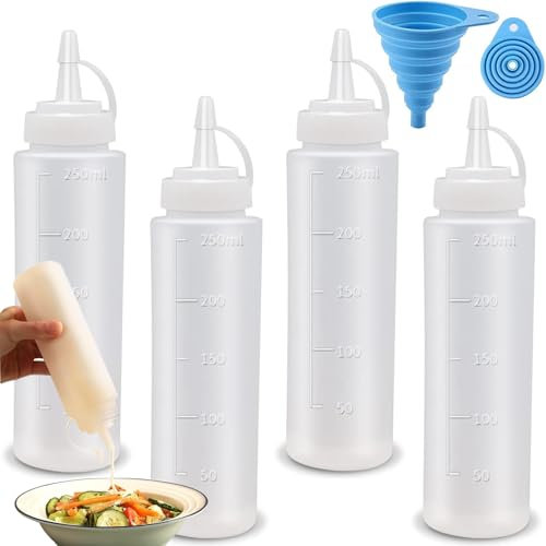 RJFUJP 4 Pack Squeeze Bottle - 8oz / 250ML BPA-Free Plastic Squeeze Condiment Bottles -Bring a Funnel, Squeeze Condiment Bottle Dispensing Ketchup Bottle for Sauce, BBQ, Salad, Paint, Oil, Icing