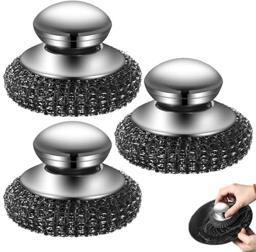 3 PCS Wire Wool for Cleaning Metal Scourer Steel Wool Scrubber, Stainless Steel Scourer with Handle Detachable Duty Dish Brush Pot Scrubber for Cleaning Kitchen Confortable to Hold Metal Sponge