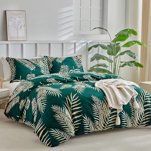 Tokokimo Emerald Green King Size Duvet Cover Sets Golden Tropical Leaves Printed Bedding Sets King Size (1x Duvet Cover, 2x Pillowcases) Microfiber Green Bedding 230x220 cm, Tropical Leaf