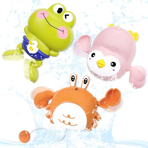 VBACALA 3 Pezzi Giocattoli da Bagno con Meccanismo a Carica Manuale,Set Animali da Vasca per Bambini 3+ Anni: Rana Saltellante,Granchio Camminante e Pinguino, Regalo Divertente per bambini e bambine