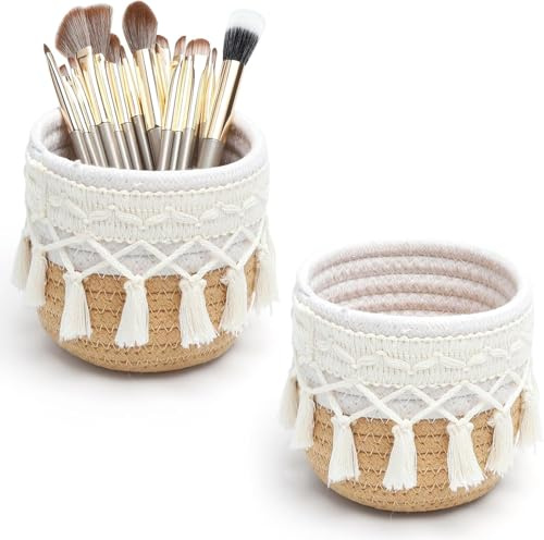 2 Pièces Paniers Boho en Coton 10 x 10 cm Organisateur de Maquillage et Rangement Pinceaux Panier Tressé Décoratif pour Coiffeuse Salle de Bain Bureau Porte-Stylo et Accessoires de Maquillage