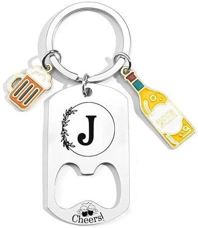 QTZXZX Porte-clés Lettre Initiale Prénom Pour Homme Femme Décapsuleur Porte-clés Personnalisé A-Z, Cadeau lettre initiale Idée Cadeau Anniversaire, Porte Clef Maison Lettres Alphabet, Noël (J)