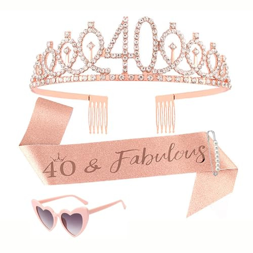 Diademe Femme Couronne Anniversaire Couronne Princesse Ensemble de Coiffe pour un 40e Anniversaire avec Lunettes et Épingles Convient pour les Anniversaires les Fêtes et les