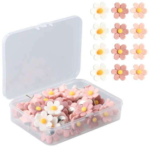 Punaise Décorative – Ensemble de 50 Punaises en Forme de Fleurs Colorées pour Tableau en Liège, pour Tableaux à épingles Carton pour Accrocher des Affiches(Rose + Blanc)