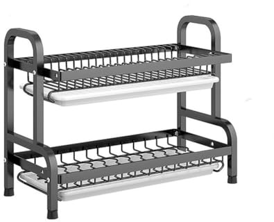 NiuLumea Égouttoir à vaisselle en métal à 2 niveaux pour cuisine – Égouttoir en acier inoxydable avec porte-couverts, 2 paniers et planche à découper, noir, 42 x 42 x 235 cm