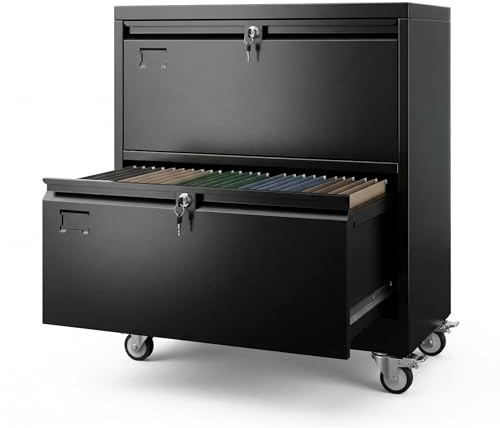 Aobabo 2 Drawer Lateral File Cabinet with 4 Detachable Wheels,Steel Filing Storage with Independent Locks and Index Card Holders for Home Office, 15.87 D x 28.94 W x 34 H, Black,Required Assembly