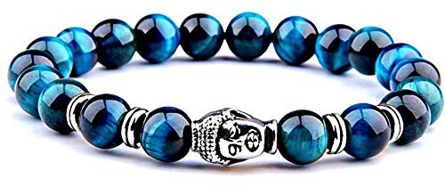 FG Jewels Braccialetto di protezione simbolo Buddha tibetano uomo/donna, bracciale in pietra naturale occhio di tigre, blu turchese, bracciale perla 8 mm, braccialetto portafortuna regalo di Natale,