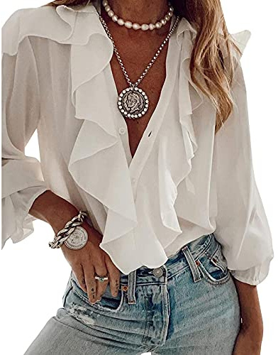 Women Long Sleeve Blouse Button Closure Ruffle Shirt Solid Colour Floral Butterfly Print Elegant V Neck Sexy Casual Office Chiffon Shirt Blouse (White, XXL)