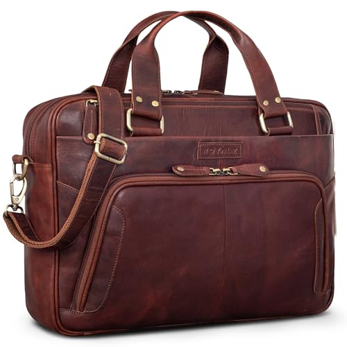 ROYALZ Chicago Leder Umhängetasche Herren Laptoptasche 15.6 Zoll Messenger Bag Ledertasche groß Aktentasche Vintage Businesstasche für Männer Echtleder;Farbe:Roma Cognac Braun