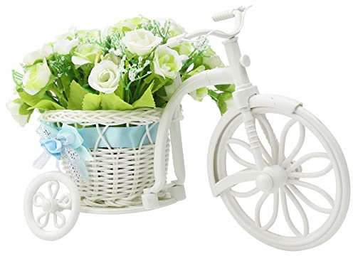RESOYE Fiore artificiale di rosa bianca con bicicletta nostalgica da giardino, mini cestino di fiori in vaso per la decorazione di matrimoni e casa