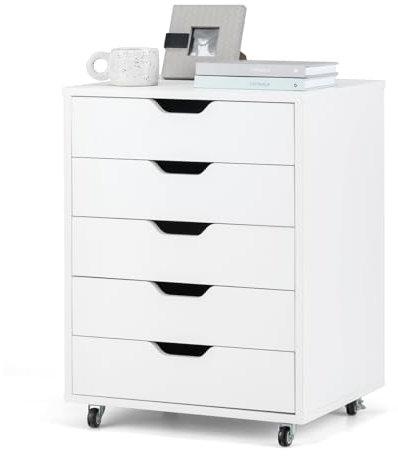 GOPLUS Rollcontainer mit Schubladen, Schubladenschrank mit Rollen, Griffmulden, mobiler Aktenschrank, Bürocontainer Rollschrank für Schlafzimmer Arbeitszimmer & Büro, 48 x 39,5 x 65,5 cm (Weiß)