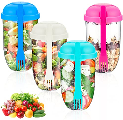 Roshtia 4 Pcs Salad Cup with Lids Fork Sauce Container Salad Shaker Container for Lunch, Keep Fit Food Dressing Cup for Portable Breakfast Meal Vegetable and Fruits