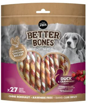 BetterBones Lot de 27 friandises à mâcher Douces pour Chien, sans Peau Brute, Torsades enveloppées de Canard et de Canneberge, 12,5 cm