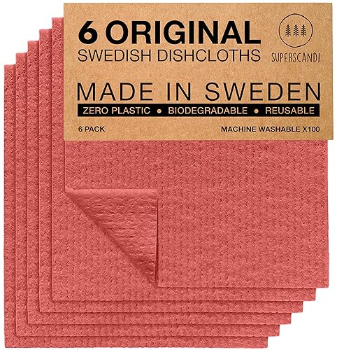 SUPERSCANDI Putzlappen im 6er Pack - 100% Biologisch Abbaubar & Kompostierbar | Wiederverwendbare & Lebensmittelsichere Spültücher Ohne Plastik | Für Jede Oberfläche Geeignete Spüllappen | Rot