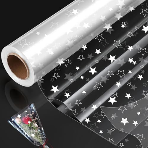 30m×80cm White Star Cellophane Wrap Roll,100% Recyclable ECO Colorful Gift For Birthday Present Party Decorations(folded in 40cm)