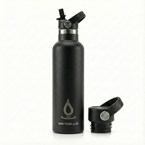 Mondello Insulated Stainless Steel Water Bottle with Straw & Strap (Black, 750ml) – Double Wall Vacuum Flask, Leakproof BPA-Free Drinks Bottle for Hot & Cold