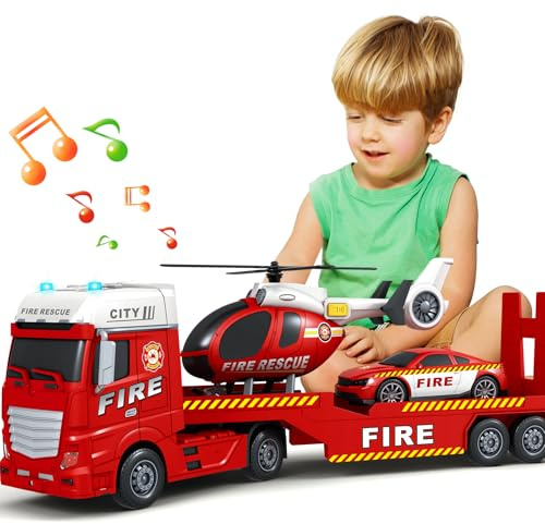 SpringFlower Truck Toddler Boy Toys, 25 Large Fire Truck Toy with Racing Car and Helicopter,3 in 1 Lights Sounds Fire Boy Vehicle, Christmas Birthday Gifts for Kids 3 4 5 6 Years Old