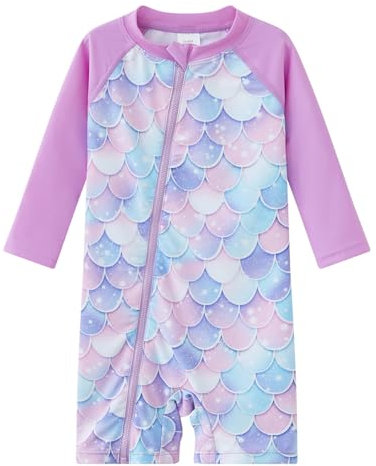 UMELOK Baby Badeanzug UPF 50+ für Mädchen Kinder Schnell trocknendes Sonnenrashguard mit langem Reißverschluss Violett Schuppen 18-24 Monate