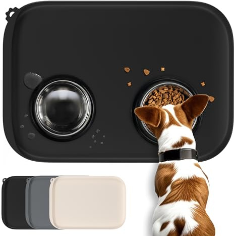 Conlun Tappetino per Cibo di Cane con Tascone Laterale & Foro per Gancetto, Bordi Morbidi Rialzati, Facile da Pulire Impermeabile Antiscivolo in Silicone per Ciotola d'Acqua (46x30cm,Nero)