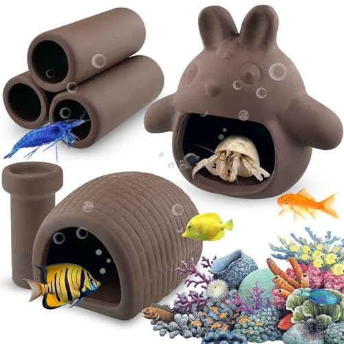 ADNEWX 4 STK Aquarium Höhle, Keramik Fisch Garnelen Versteck Klein Welshöhle Zuhause Fisch Tank Deko für Fischlaiche Wassertiere Lebendversteck Ornament
