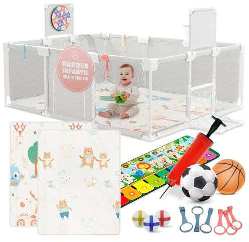 Parque Infantil Bebe 120x180cm - Corralito Bebe Acolchado - Equipado con alfombra musical, Diana de Velcro, Canasta, Portería y más accesorios - Parque para Bebes Seguro - Ver video para el montaje