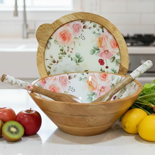 Hartsmede Wooden Salad Serving Set 12-Handmade Mango Wood Serving Dish with Lid, Floral Enamel Interior, Rustic Eco-Friendly Fruit or Pasta Server for Kitchen Dining Entertaining (Floral)