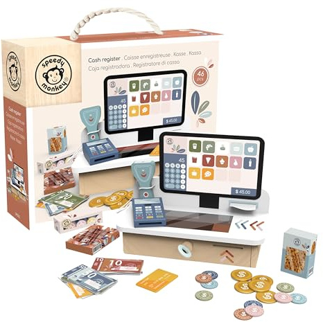 Speedy Monkey Wooden Cash Register Playset for Kids 36m+, Toddler Gift | Pretend play shopping set with coins, card and notes, grocery store roleplay, money counting learning toy