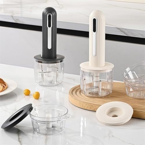 FUANA Picadora eléctrica de carne pequeña para ajo, verduras y salteos, 9.6 x 3.65 pulgadas con hoja de acero inoxidable, diseño compacto para uso en cocina, utensilios de cocina negros