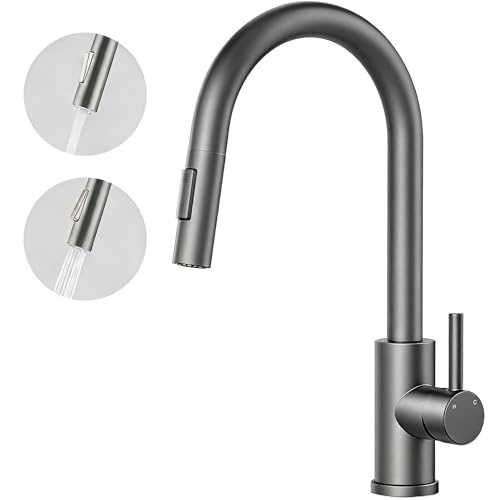 AICA Grifo de cocina, grifos de cocina, color gris pistola, extensible, giratorio 360°, grifo mezclador de alta presión con manguera flexible de 28 pulgadas, grifo de fregadero con una sola mano para
