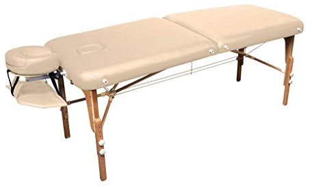 MASSUNDA – Mobile Montana Massageliege klappbar & höhenverstellbar – Stabiler Massagetisch aus Vollholz – Massagebank mit ergonomischer Kopfstütze, Armschlaufe & Nackenkissen (Cremé)