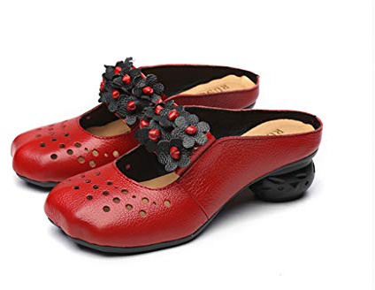 POPOTI Sandalias Mujer, Sandalias Verano Cuero Zapatillas Mocasines Chanclas Tacón de Zapatos de Flores Vintage (40, Rojo-1)