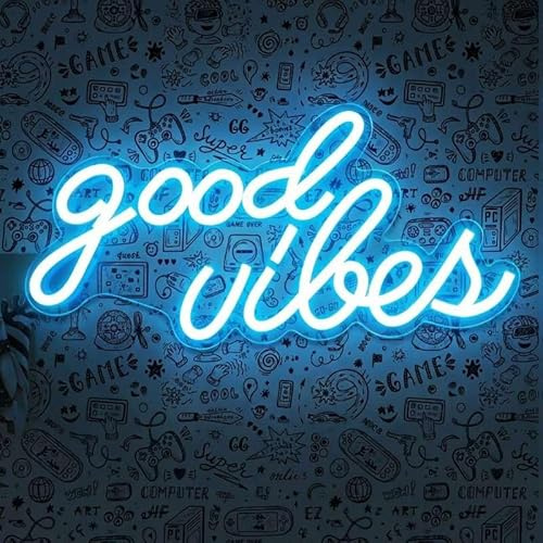 DECANIT Good Vibes Neon Sign Ice Blue, Cool LED Light for Wall Decor, Game Room, Man Cave, Bar, Streamer Setup, USB Powered Gamer Gift, 16.1x8.3 Inch
