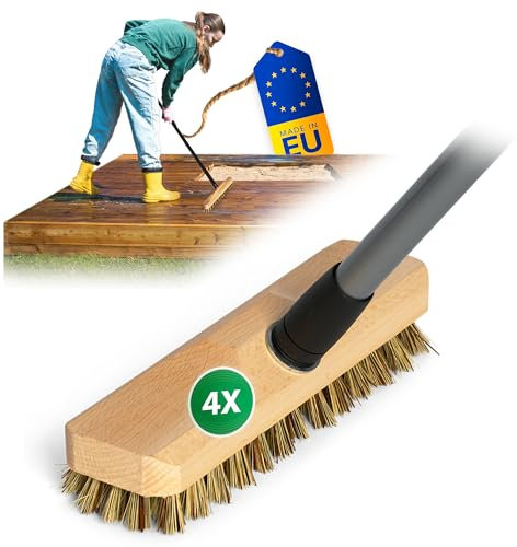 Novaliv 4X Schrubber aus Holz mit Union Borsten und Teleskopstange| Wischer mit Gewinde| Scheuerbürste| Boden-Bürste| Indoor Outdoor Besen wurzelbürste mit stiel
