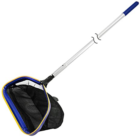 Poolvio Pool Deep Skimmer Net with 3ft - 10ft 1.0mm Thick Adjustable Aluminum Pole & Fine Mesh Bag Leaf Skimmer Rake Net for Above Ground & Inground Swimming Pools, Removes All Debris