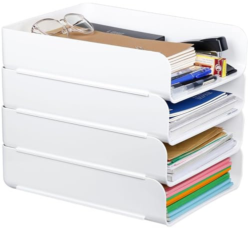 Stackable White Paper Trays Holder - Purilit design Desktop Racks for Desk File Rack,Letter Tray,Accessories Tray for Desktop,A4 Paper Holder,Supplies,Magazine,File Documents,Receipts (White)