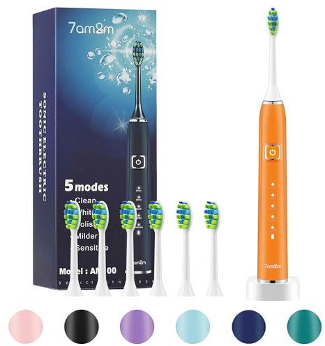 7AM2M Sonic Electric Toothbrush with 6 Brush Heads for Adults and Kids, One Charge for 90 Days, Wireless Fast Charge, 5 Modes with 2 Minutes Build in Smart Timer, Electric Toothbrushes(Orange)