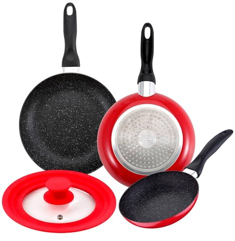 San Ignacio Set de 3 sartenes revestimiento mármol Ø16Ø20Ø24cm + tapa universal en color rojo de vidrio