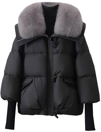 Abrigos Largos De Plumas Winter Collar Puffer Down Parka Loose Down Warmer Thicken Snow Jacket Pocket Zipper Faux Outerwear Chaqueta De Invierno Mujer Anorak Mujer Ligero (Black, M)