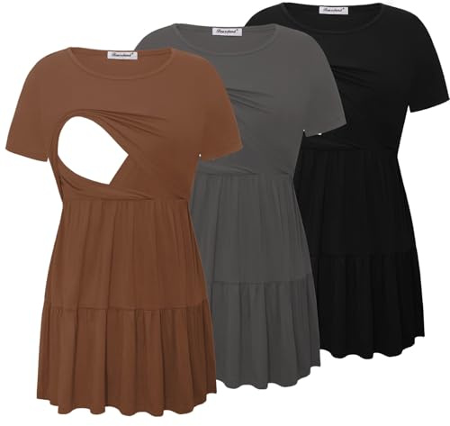 Bearsland kvinnors nursing top 3-pack kortärmad scoop neck nursing skjorta bröstfeeding skjortor, Svart & järn grå & mocha brun, XL