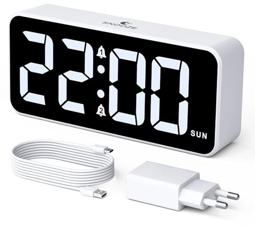 CHEREEKI Despertador Digital, Reloj Despertador Digital con Alimentación Eléctrica, Pantalla LED Grande, Doble Alarma, Función Snooze, 3 Programas de Alarma, Volumen Ajustables, Puerto de Carga USB