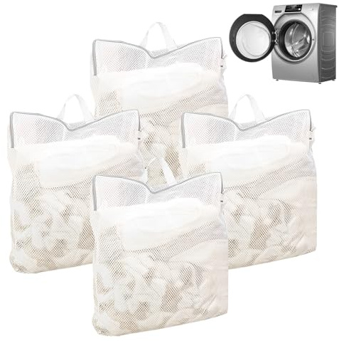 4 pezzi rete per la biancheria per lavatrice, 50 x 60 cm, sacco per la biancheria, grande con manico, riutilizzabile, per cappotti delicati, camicette, reggiseno, ecc. (bianco)