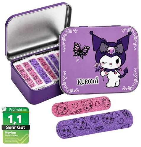 Kuromi Tiritas Infantiles – 24 Apósitos Adhesivos Resistentes al Agua e Hipoalergénicos en Caja Metálica – Tiritas para Heridas de Niños con Diseño Oficial Kuromi