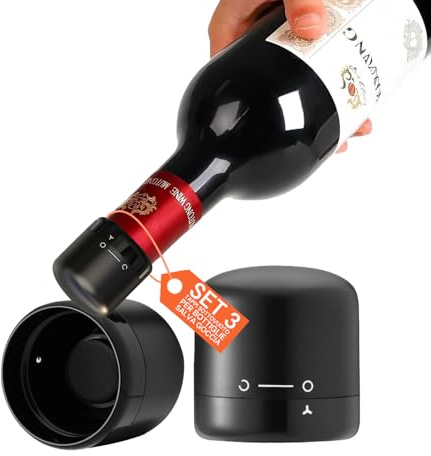 AVILIA Set 3 Tappi Sottovuoto per Vino in ABS - Chiusura Ermetica Anti-Ossidazione per Bottiglie Aperte - Conservatore di Freschezza per Vino Rosso, Bianco e Rosato - Riutilizzabili e Sicuri - Nero